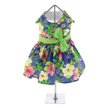 Load image into Gallery viewer, Blue Lagoon Hawaiian Hibiscus Dog Dress with Matching Leash