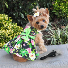 Load image into Gallery viewer, Twilight Black Hawaiian Hibiscus Dog Dress with Leash